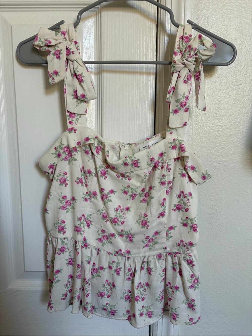 Altar'd State Cream Tie-Shoulder Peplum Top with Pink Rose Print